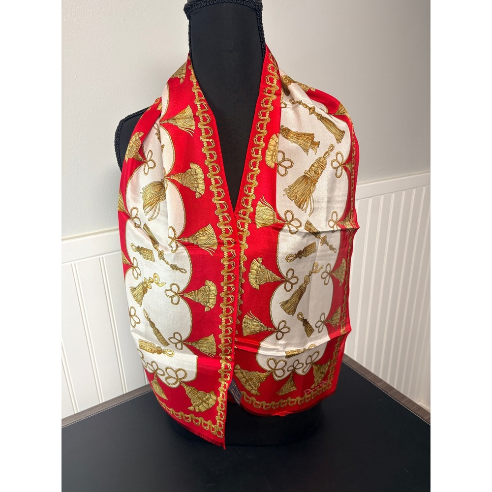 Oscar de la Renta Red, White & Gold Silk Scarf with Tassel Motif